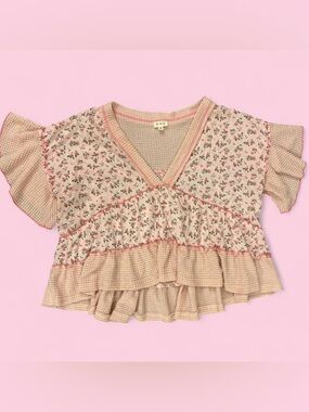 POL Pink Floral Waffle Knit Boho Cottagecore Ruffle Top Size M
